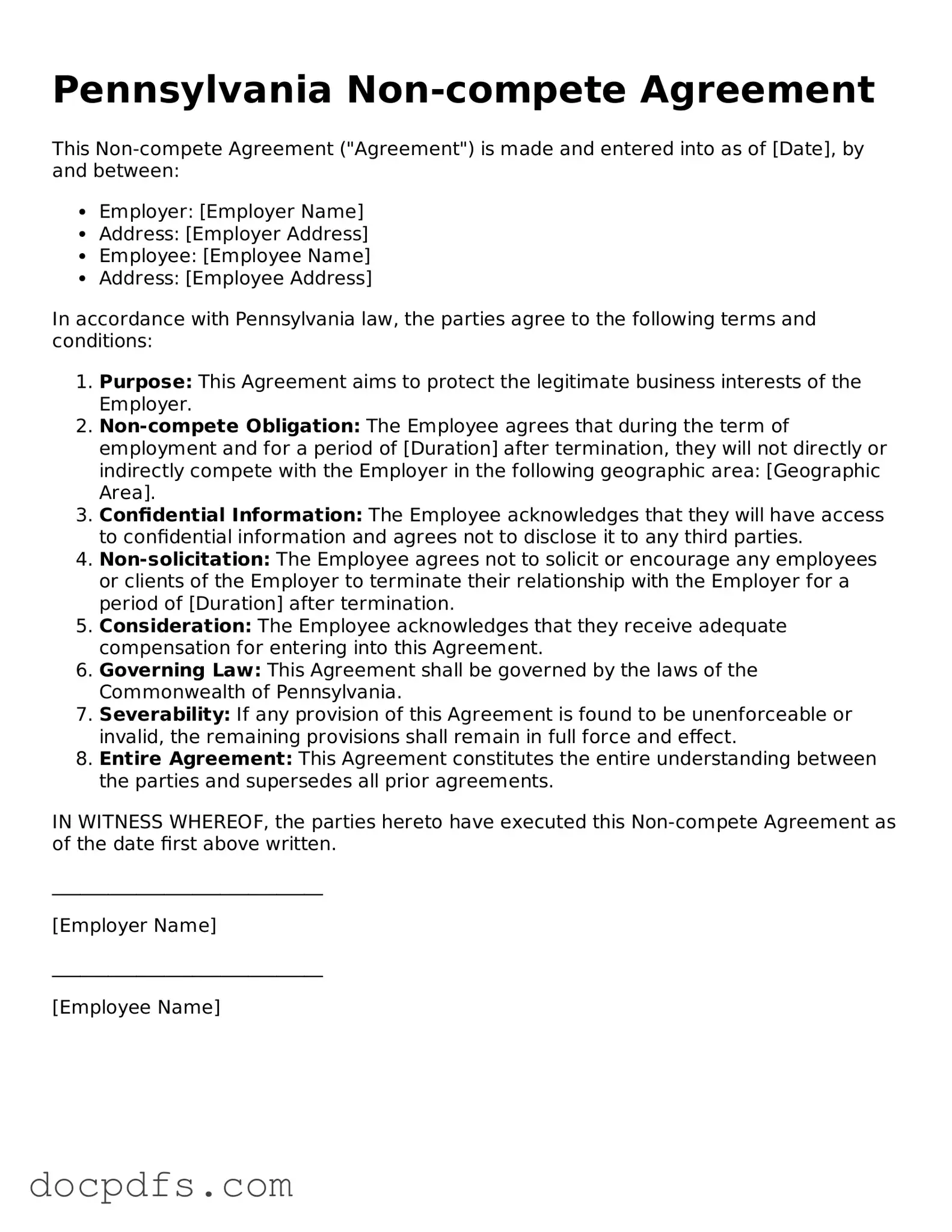 Free Pennsylvania Non-compete Agreement Form