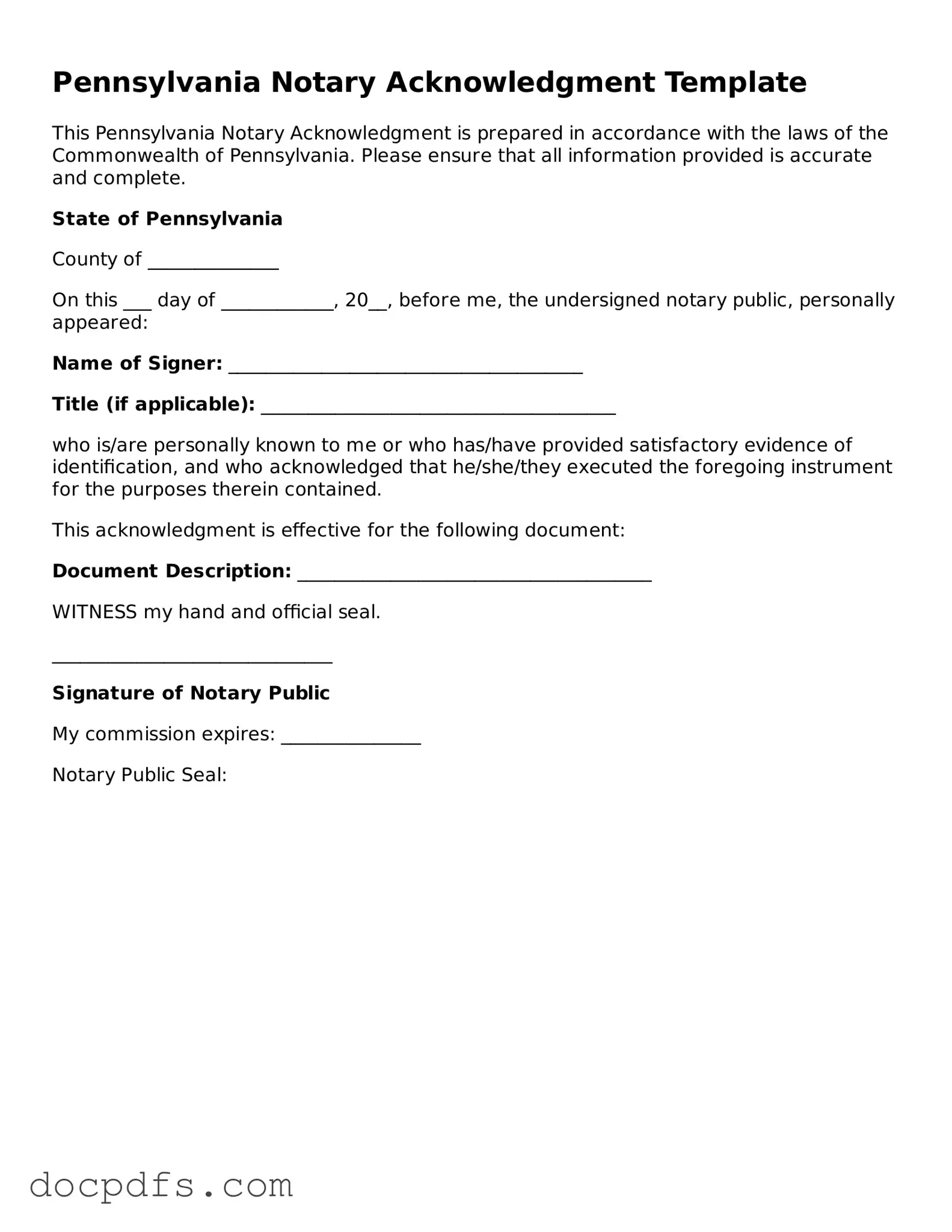 Free Pennsylvania Notary Acknowledgement Form