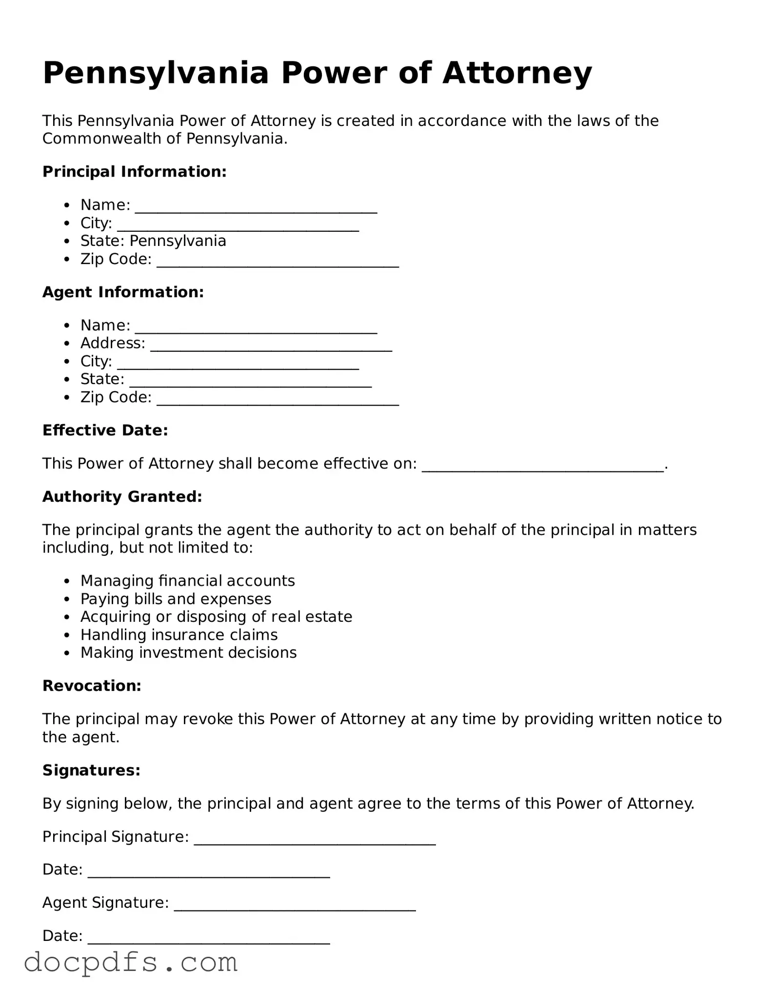 Free Pennsylvania Power of Attorney Form
