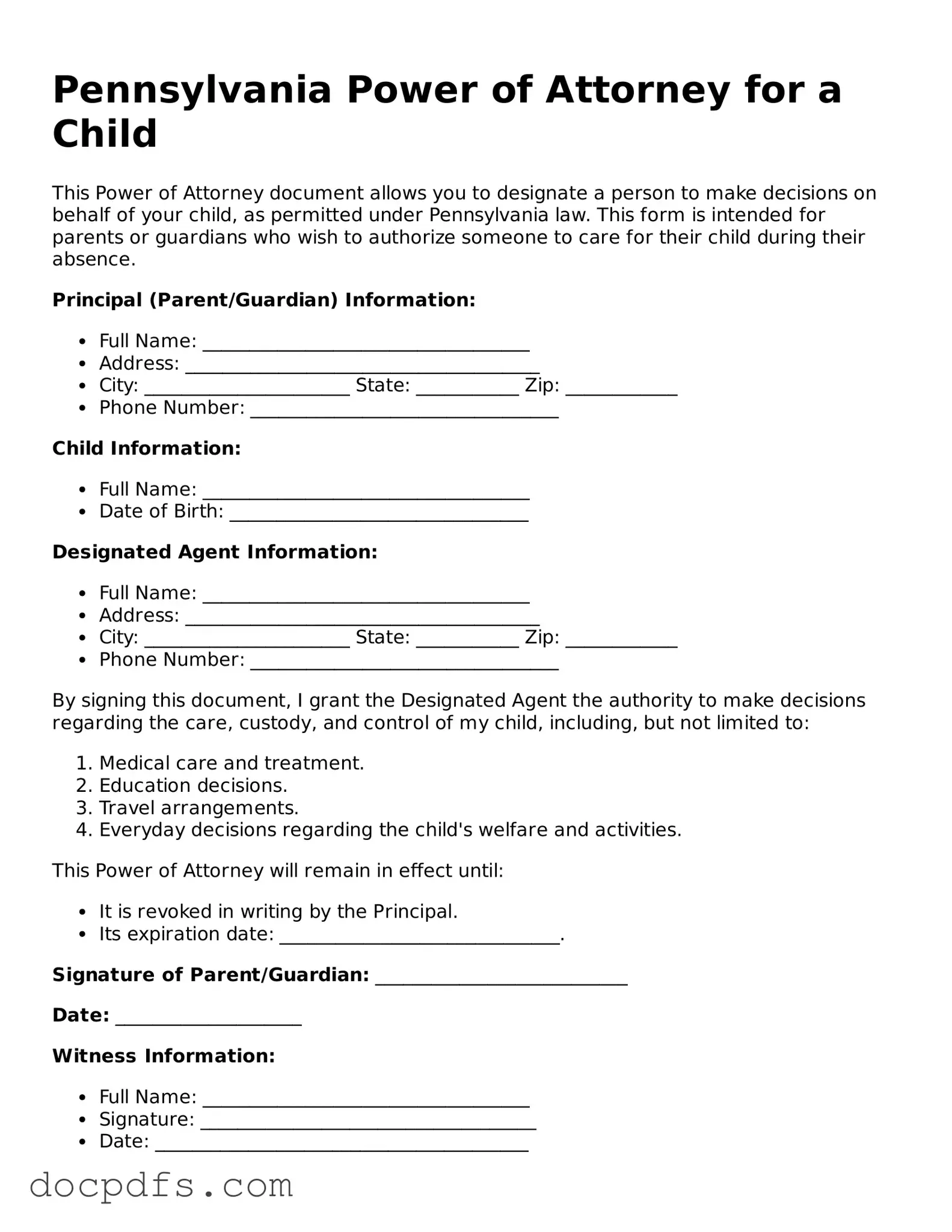 Free Pennsylvania Power of Attorney for a Child Form