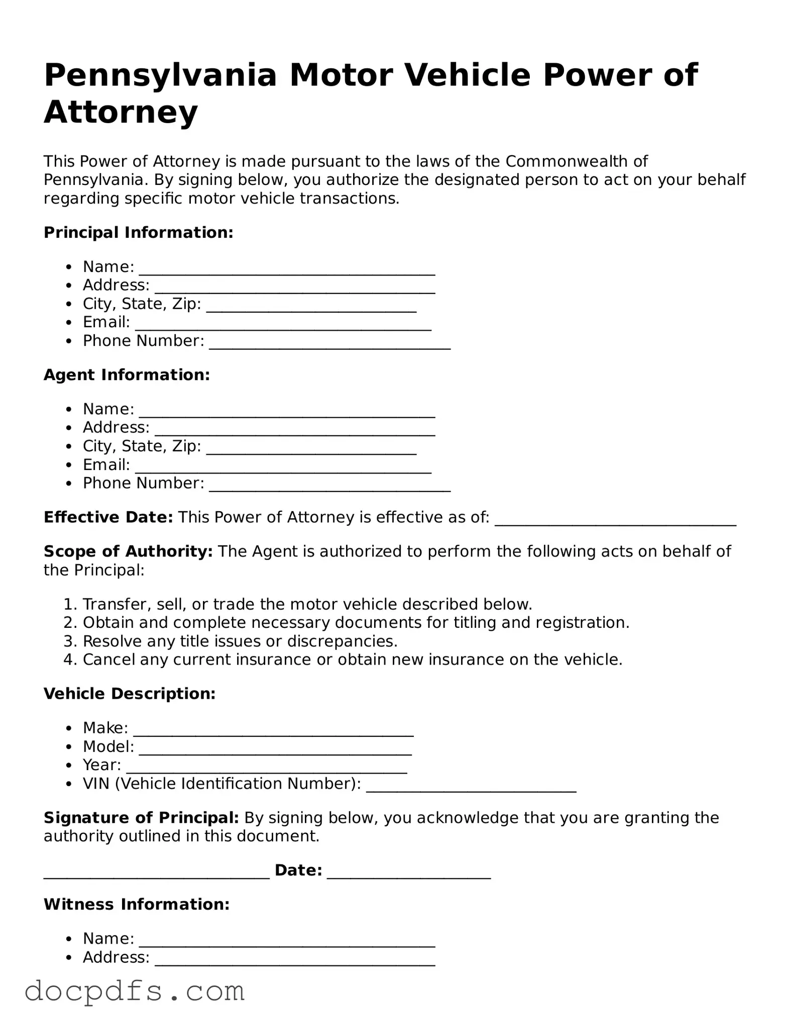 Free Pennsylvania Motor Vehicle Power of Attorney Form