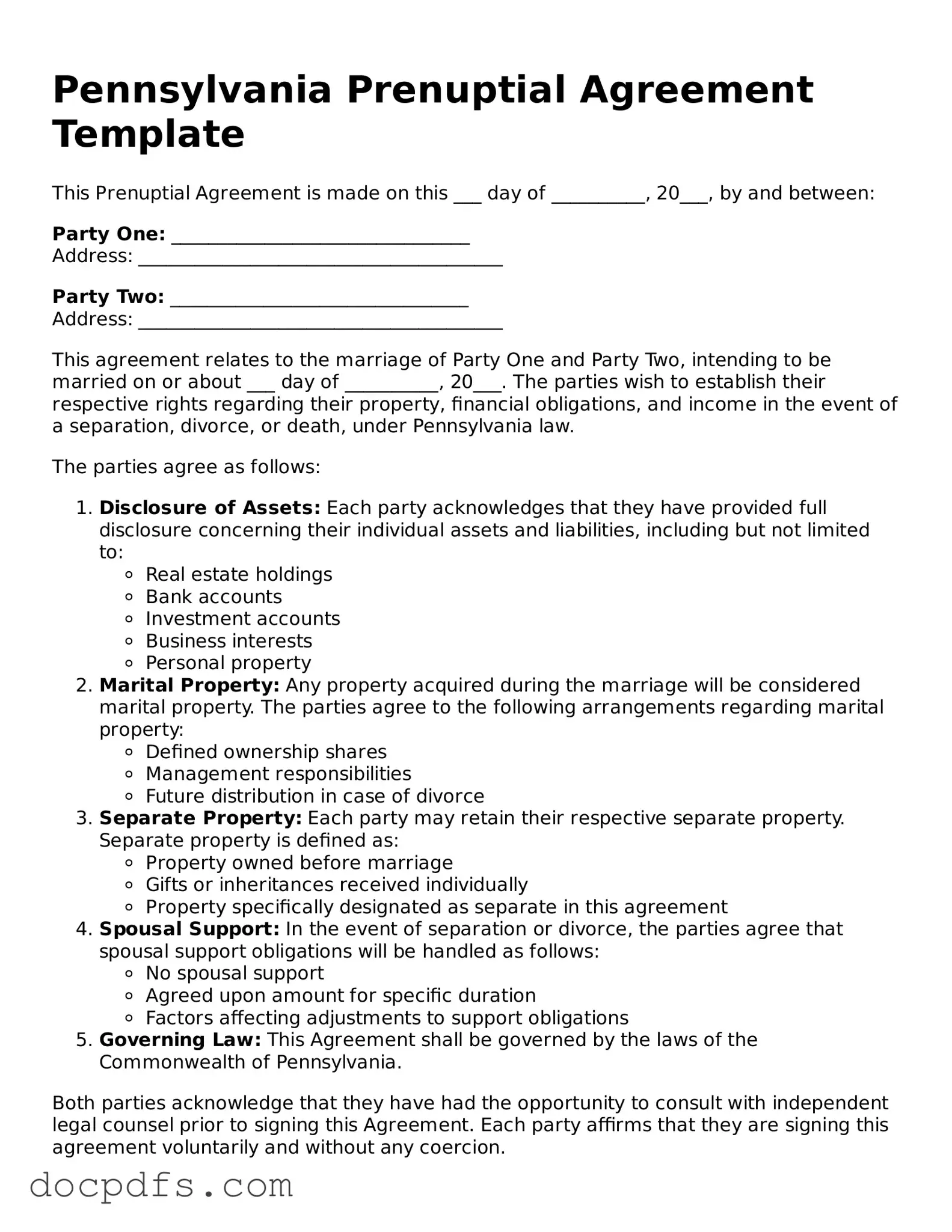 Free Pennsylvania Prenuptial Agreement Form