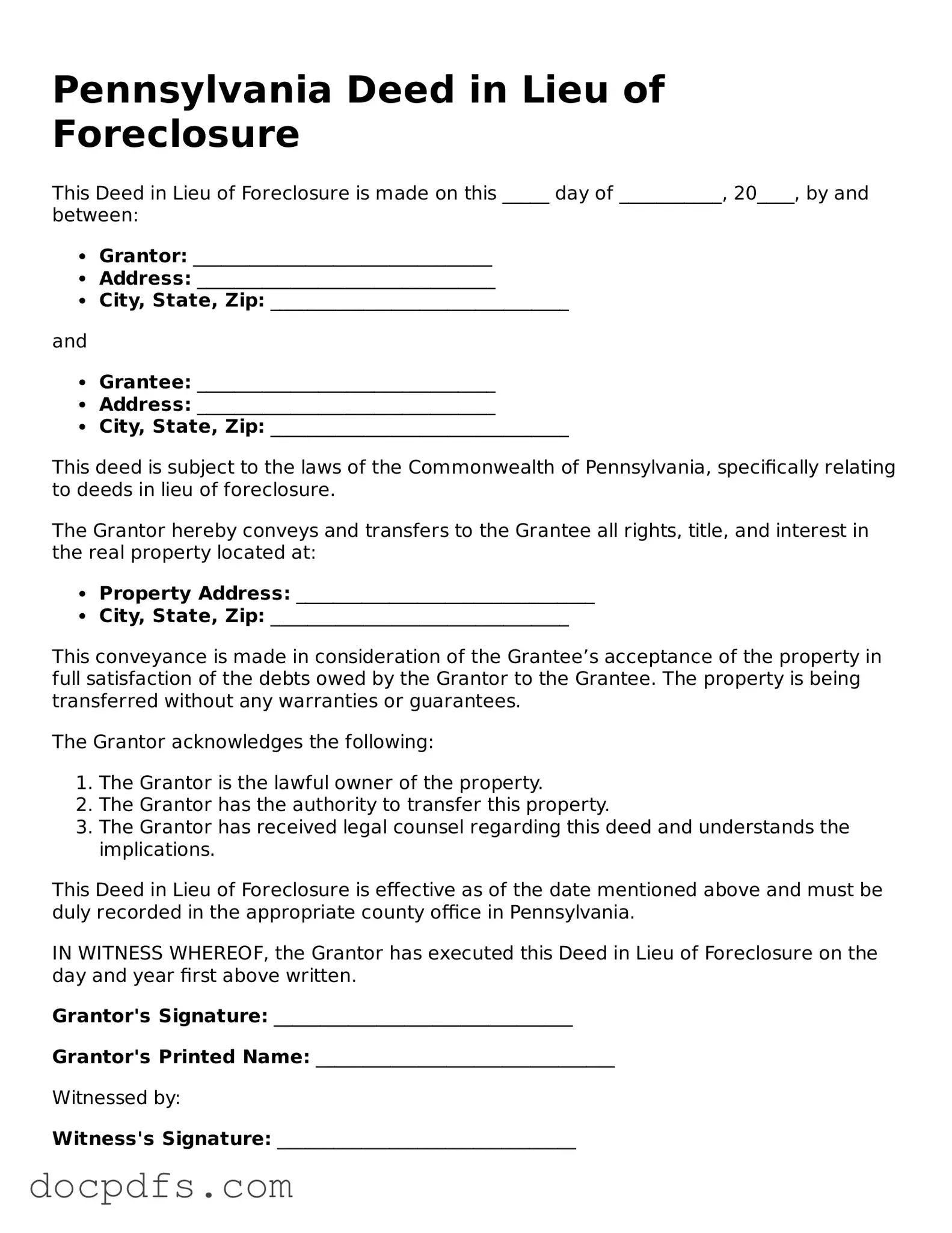Free Pennsylvania Deed in Lieu of Foreclosure Form