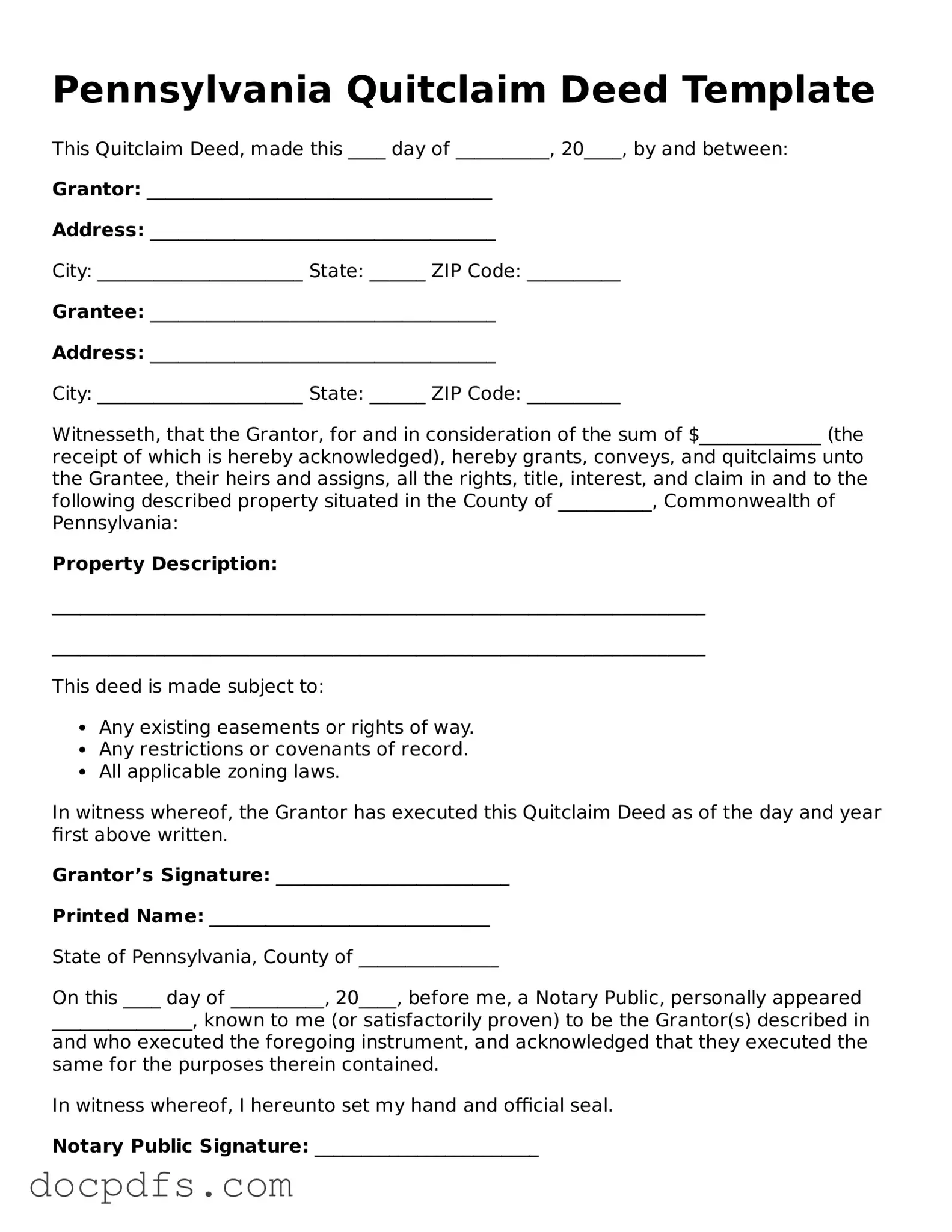 Free Pennsylvania Quitclaim Deed Form
