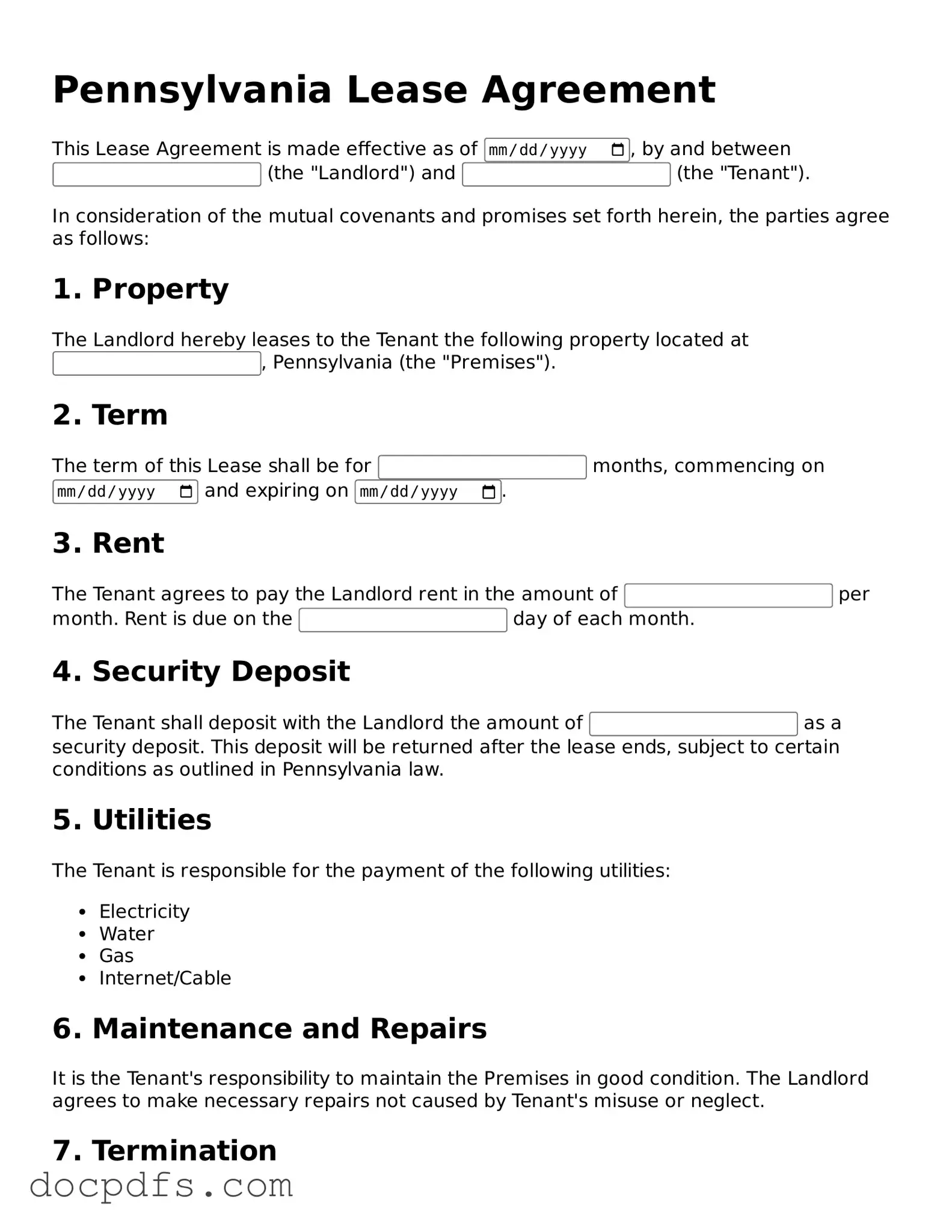 Free Pennsylvania Lease Agreement Form