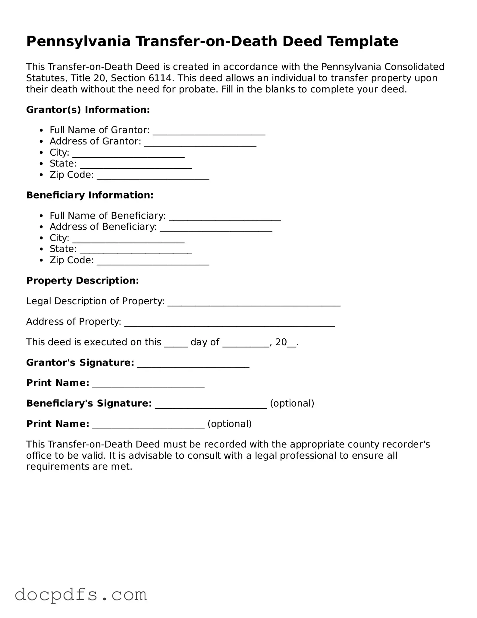 Free Pennsylvania Transfer-on-Death Deed Form