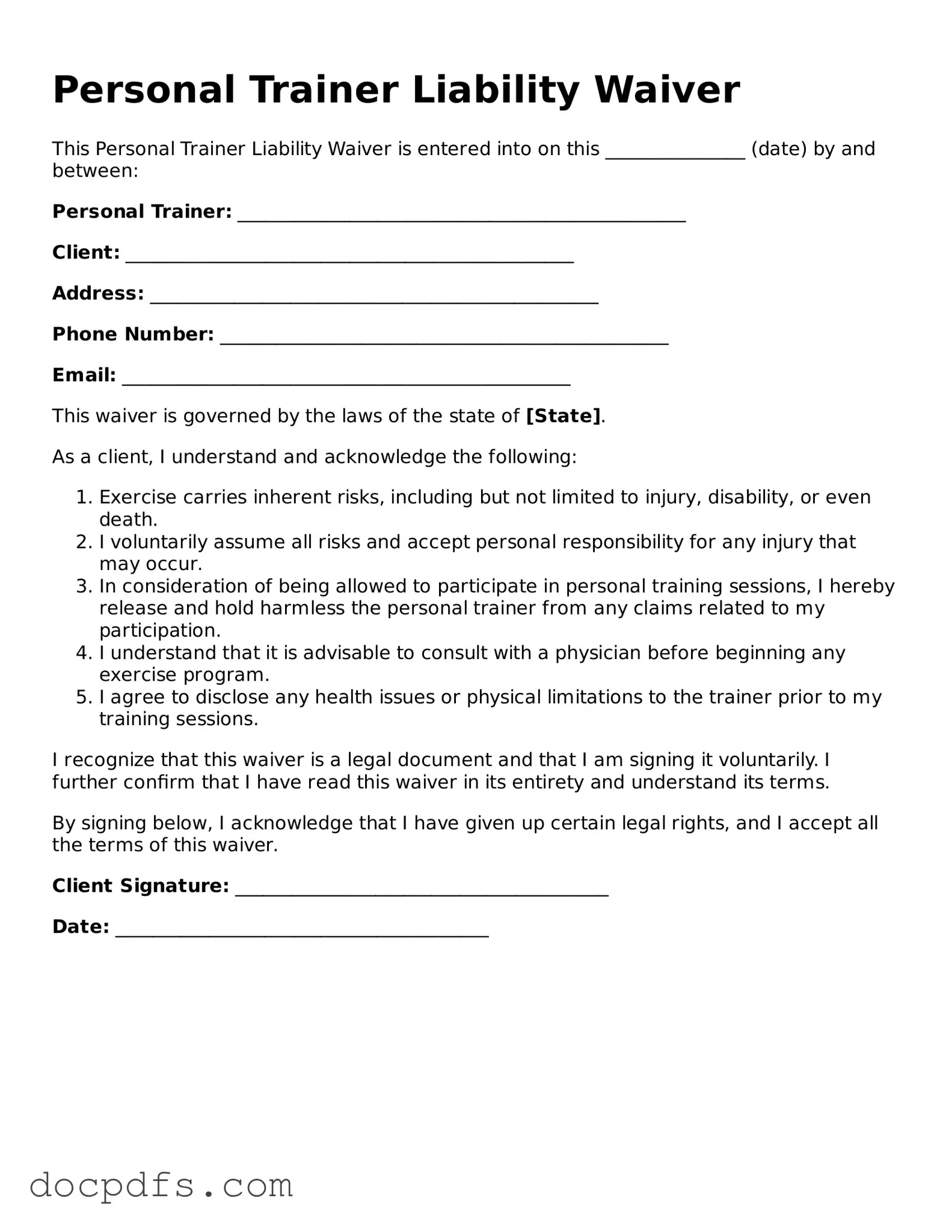 Legal Personal Trainer Liability Waiver Document