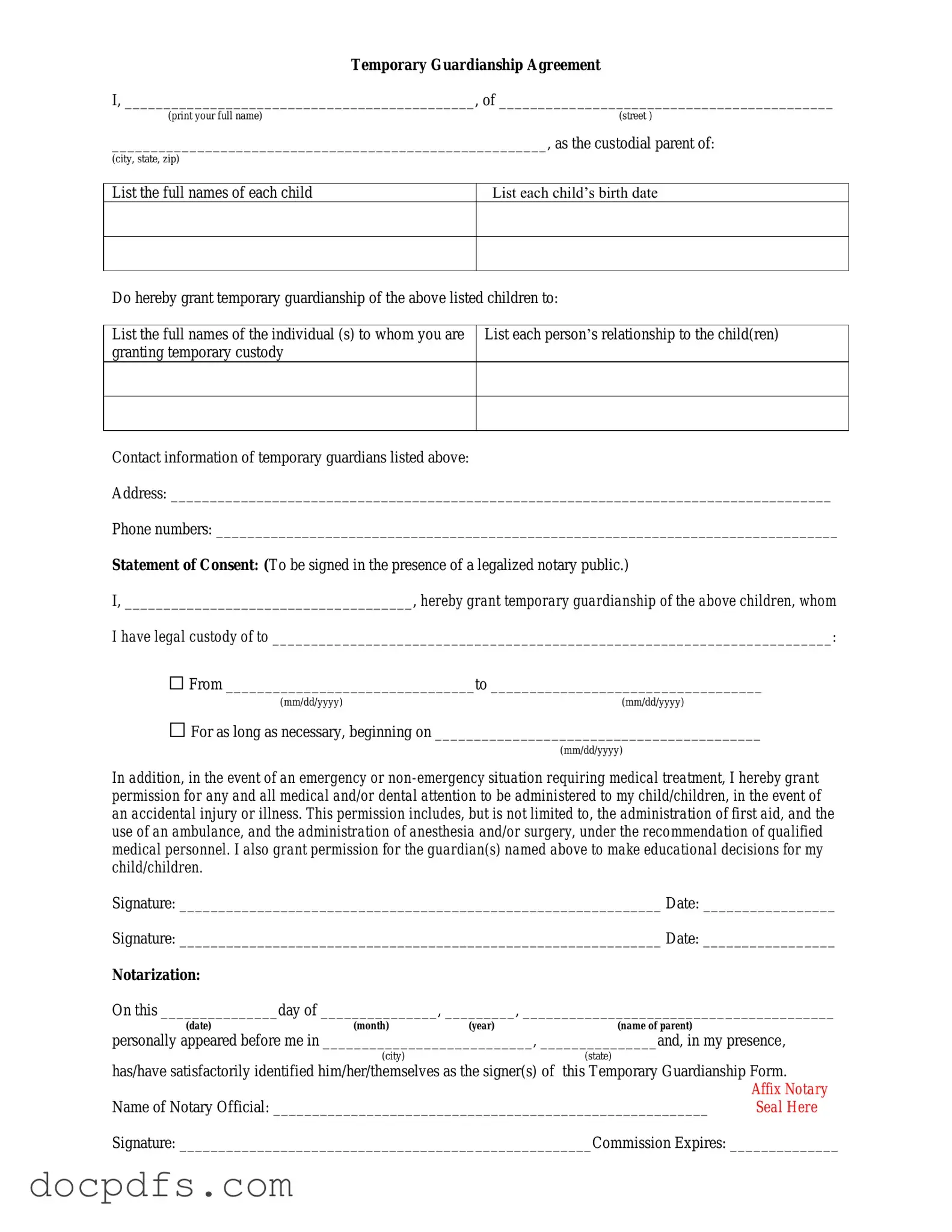 Temporary Custody Template in PDF