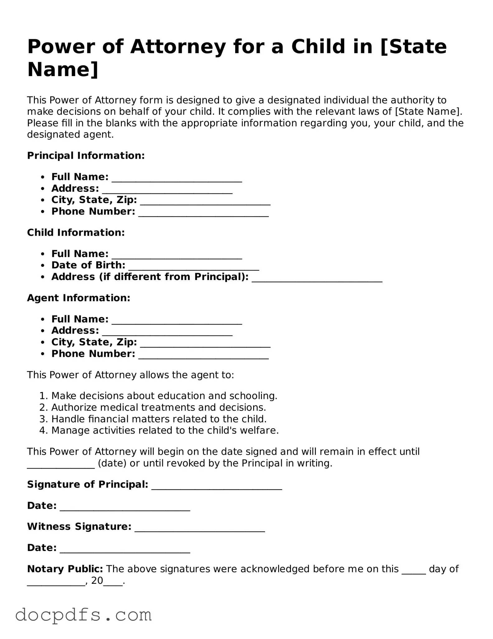 Legal Power of Attorney for a Child Document