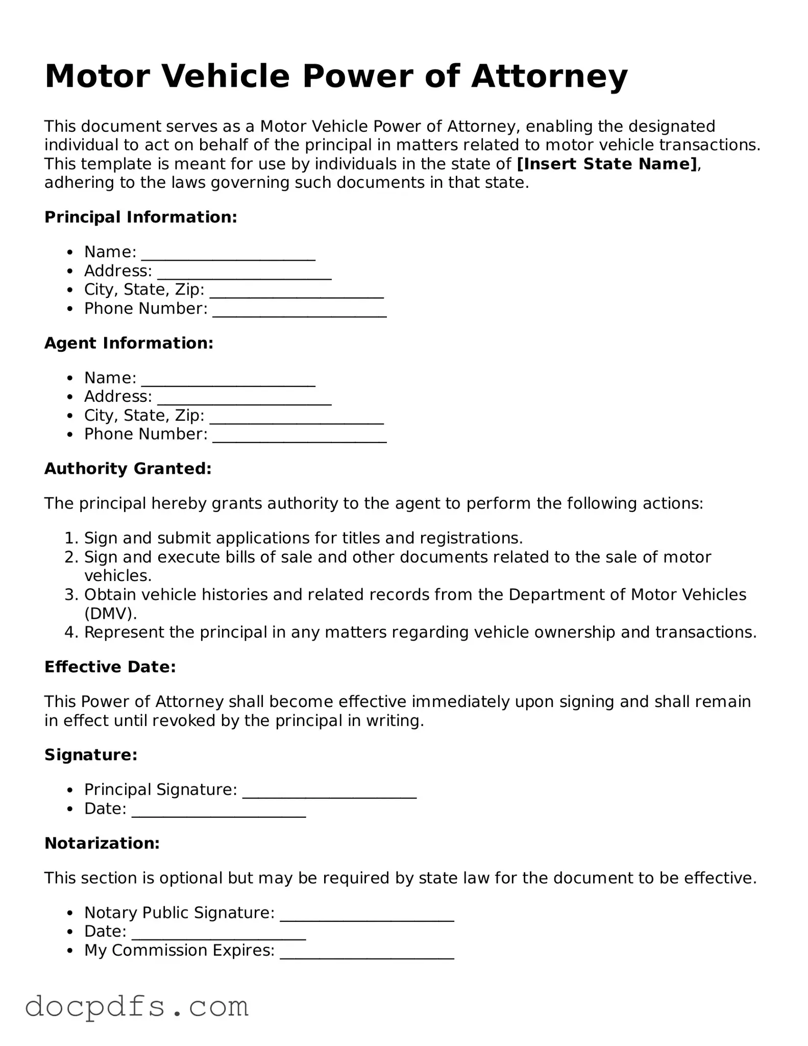 Legal Motor Vehicle Power of Attorney Document