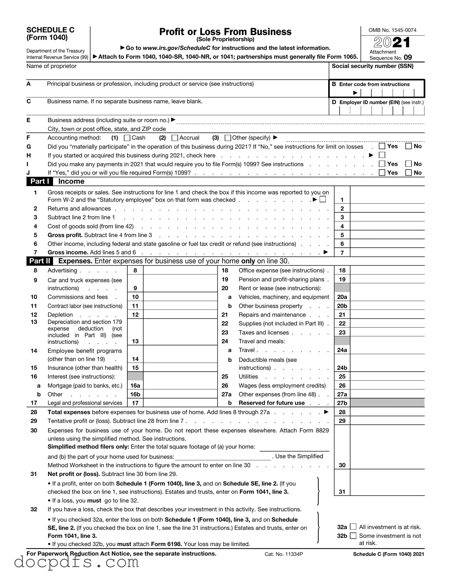IRS Schedule C 1040 Template in PDF