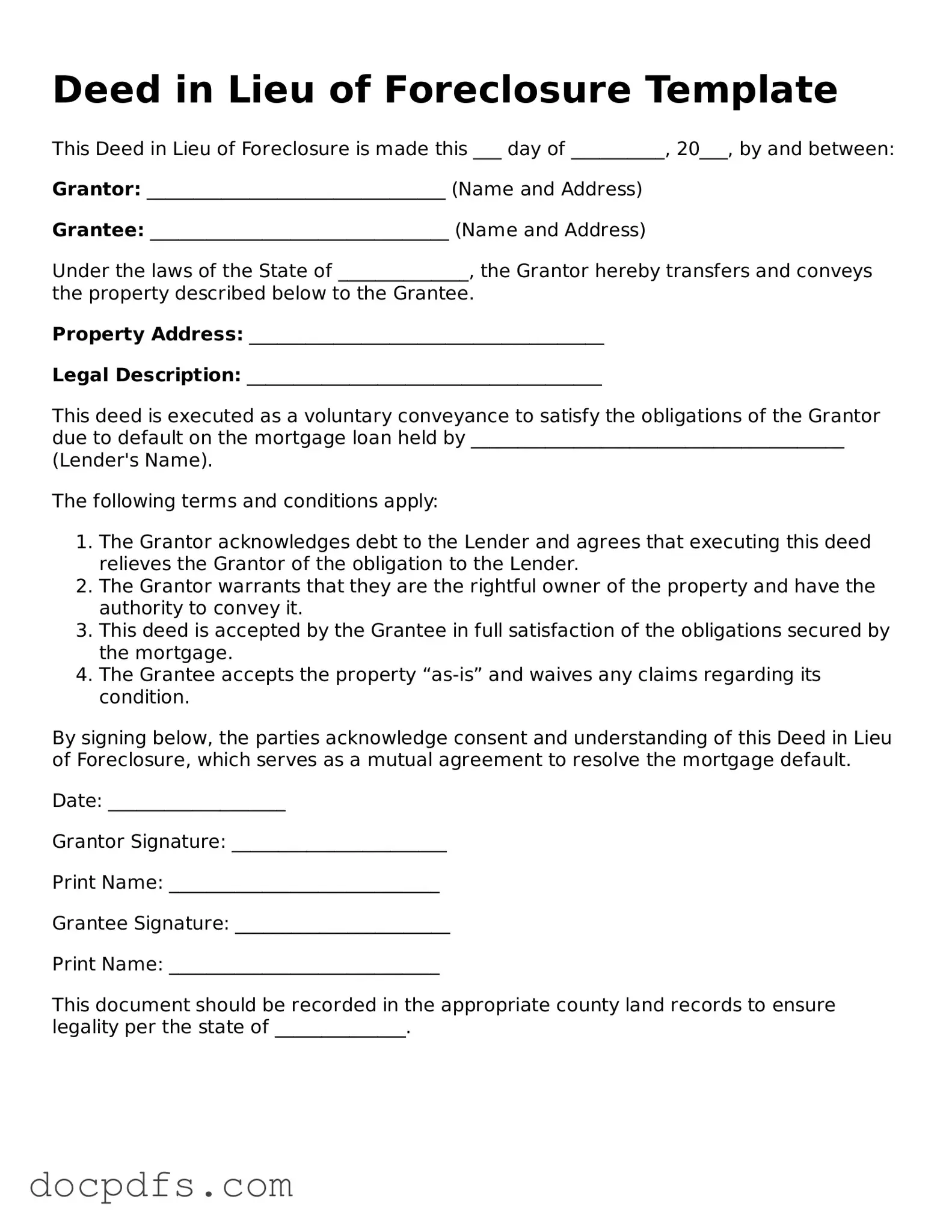 Legal Deed in Lieu of Foreclosure Document