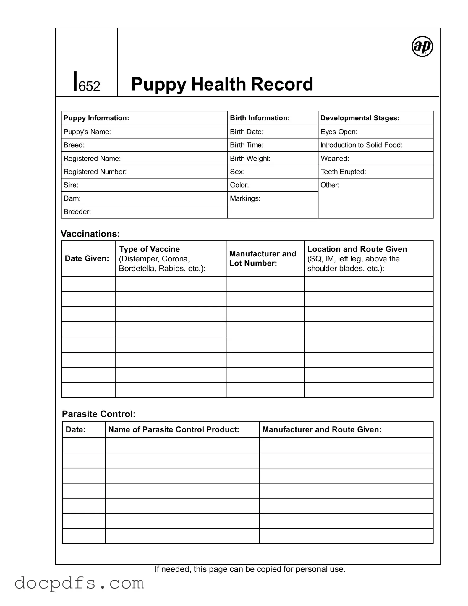 Puppy Health Record Template in PDF