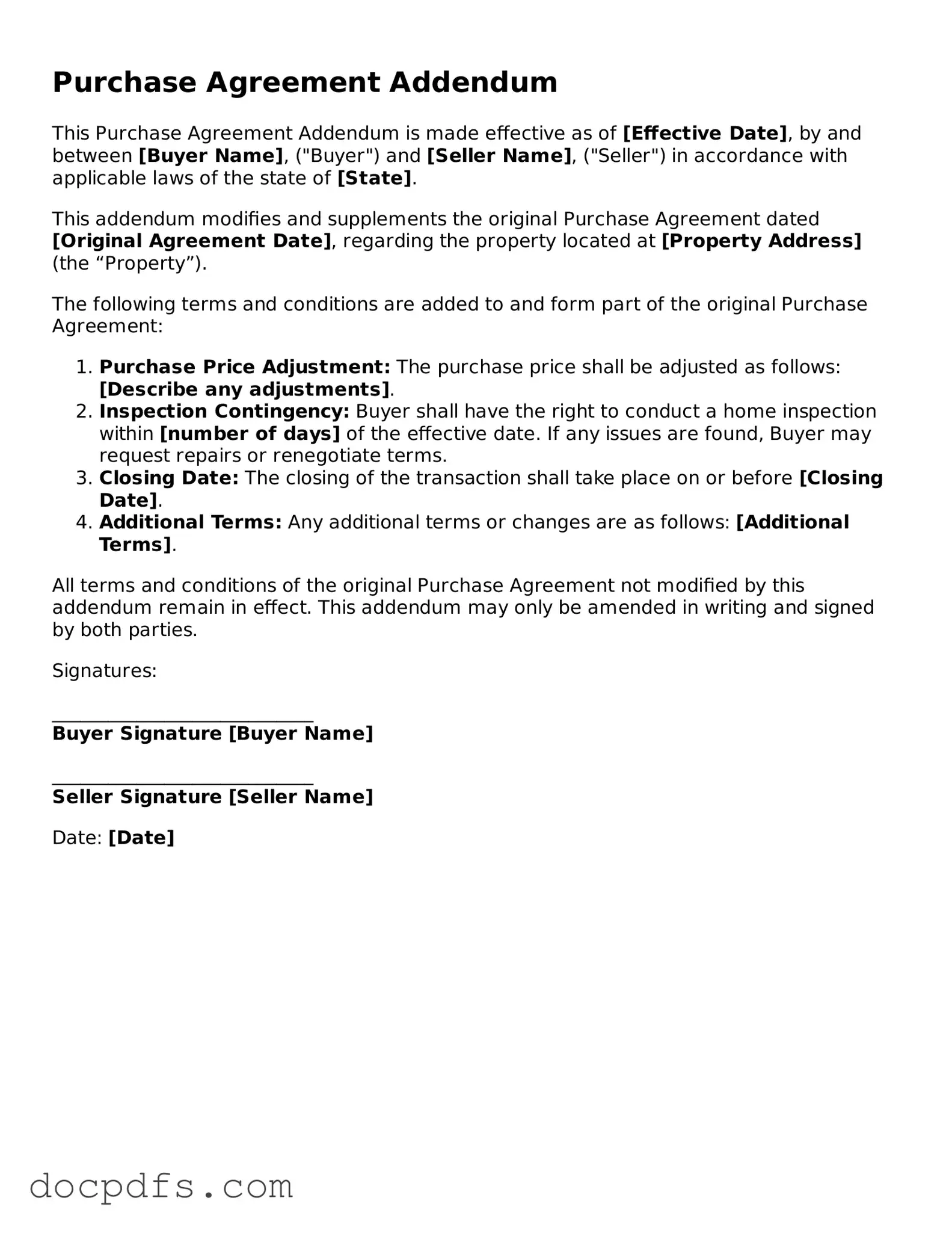 Legal Purchase Agreement Addendum Document
