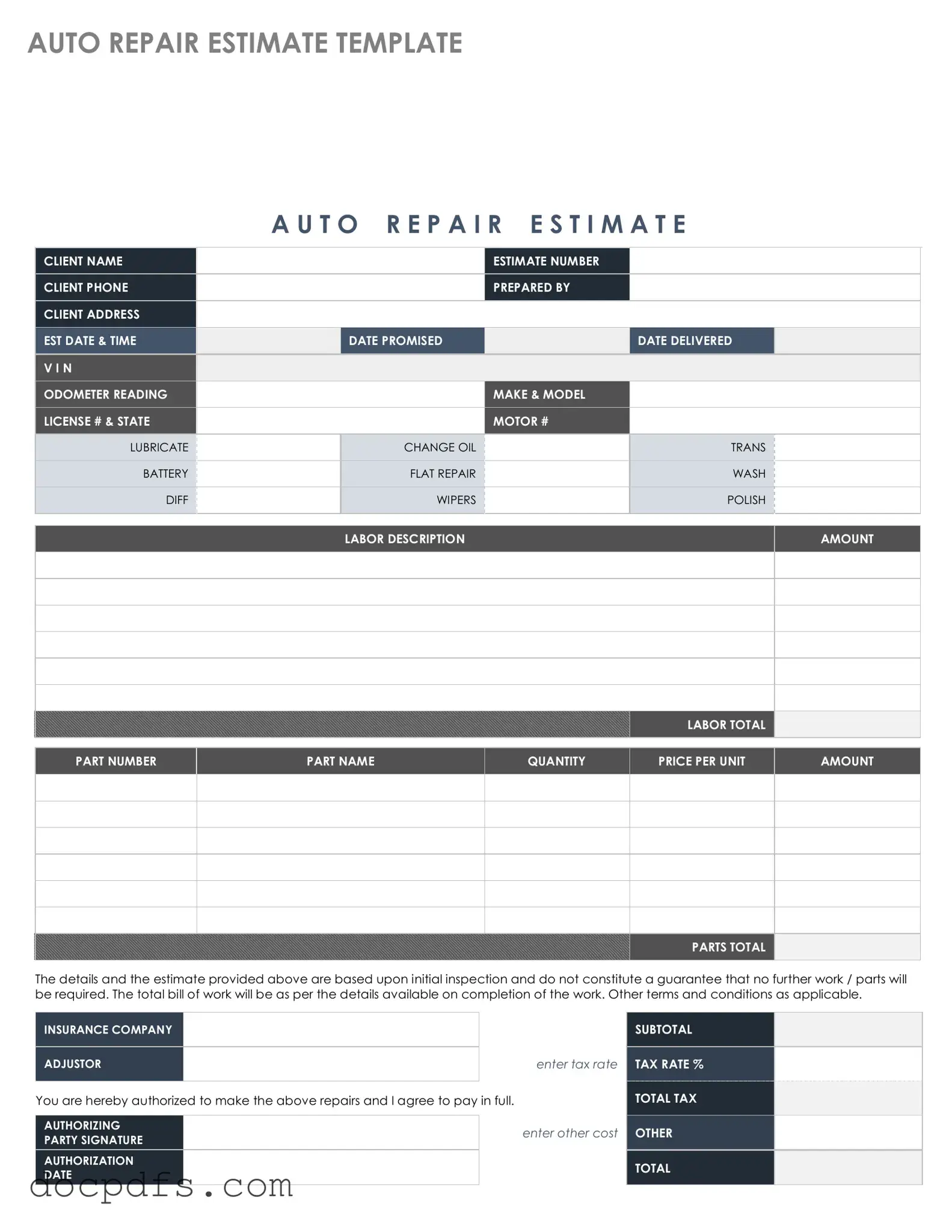 Auto Repair Estimate Template in PDF