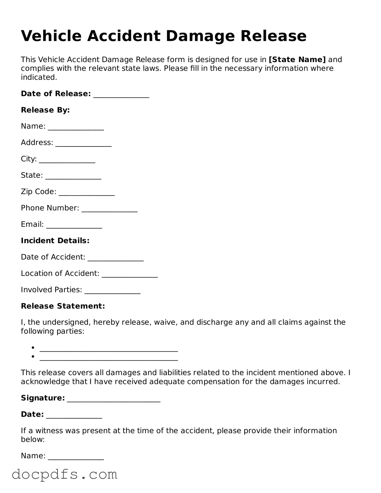 Legal Vehicle Accident Damage Release Document