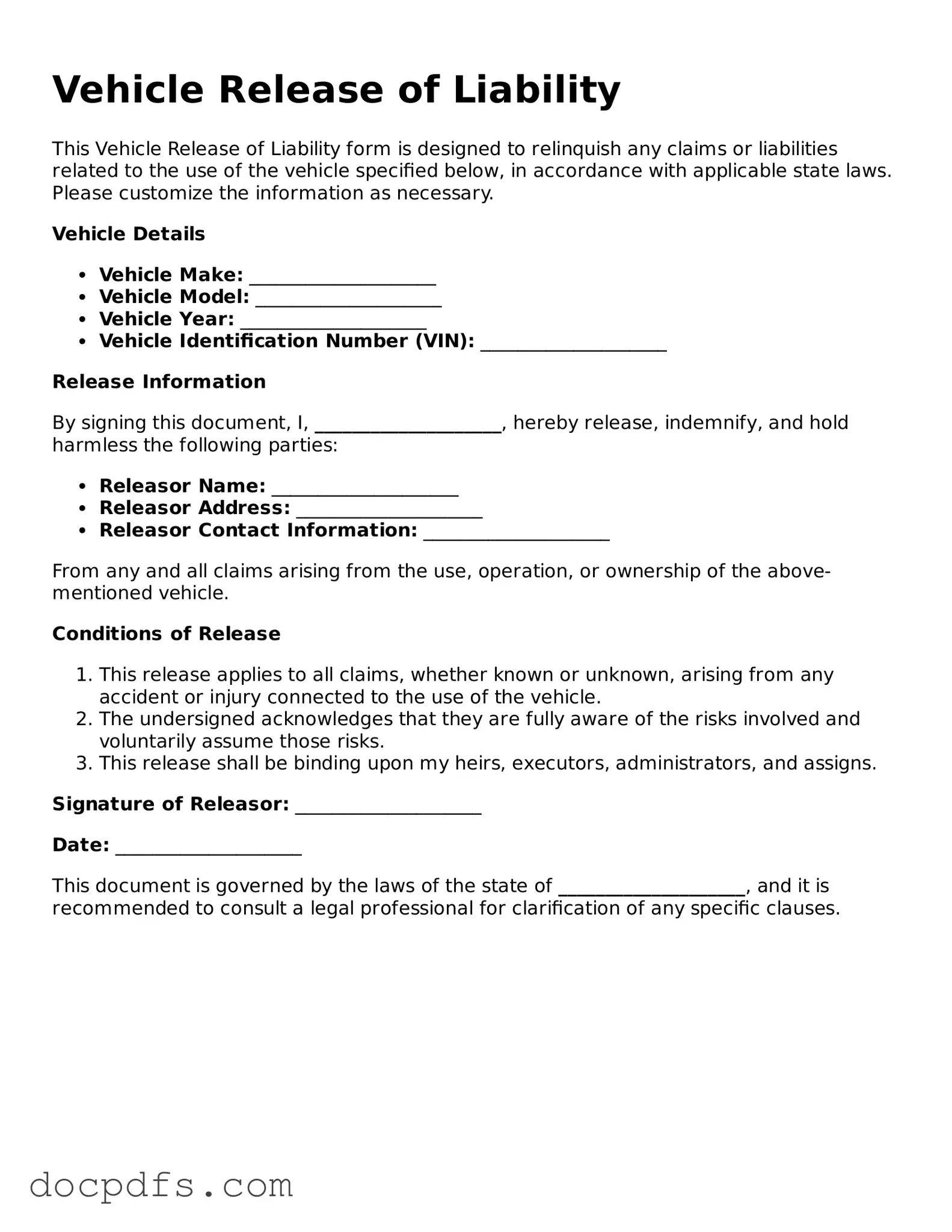 Legal Vehicle Release of Liability Document