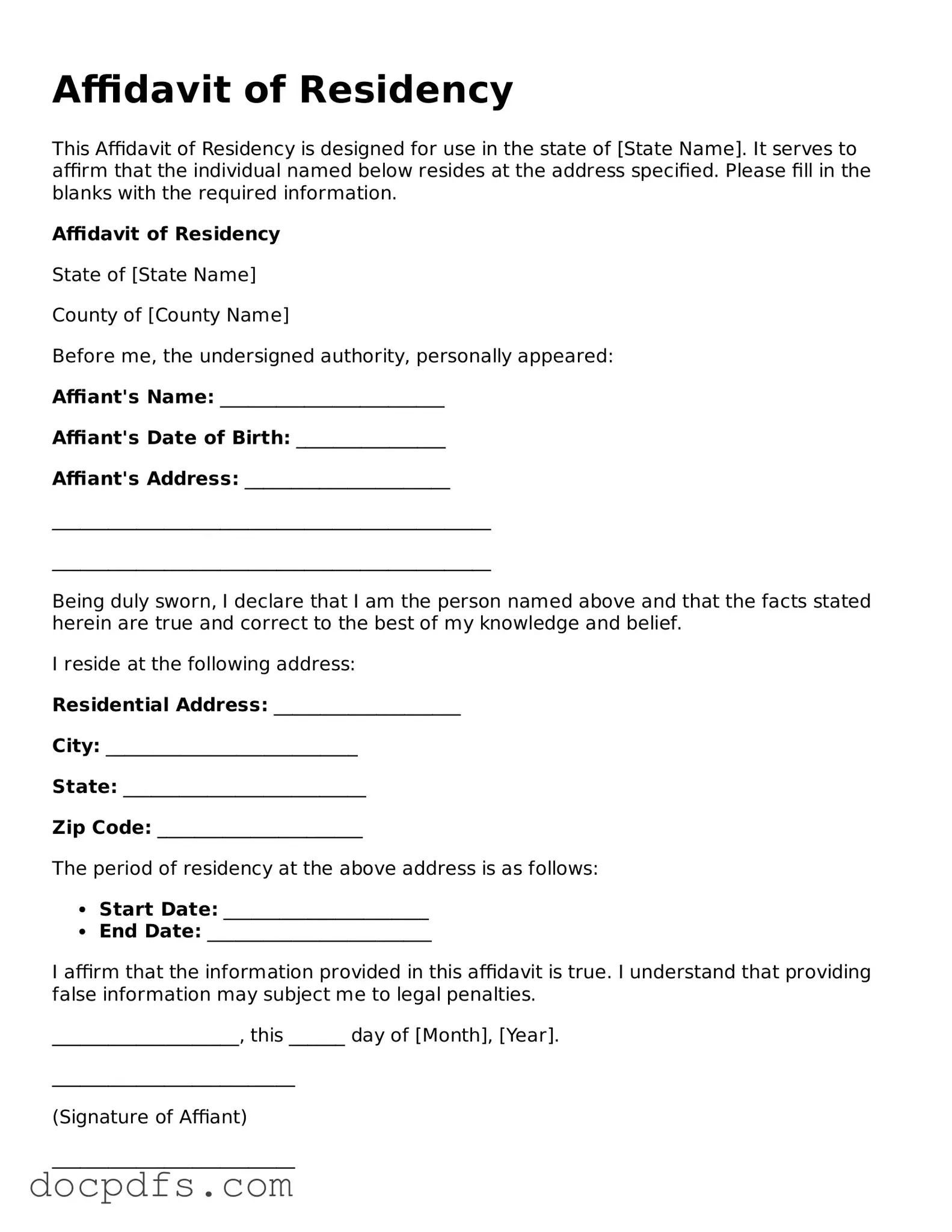 Legal Affidavit of Residency Document