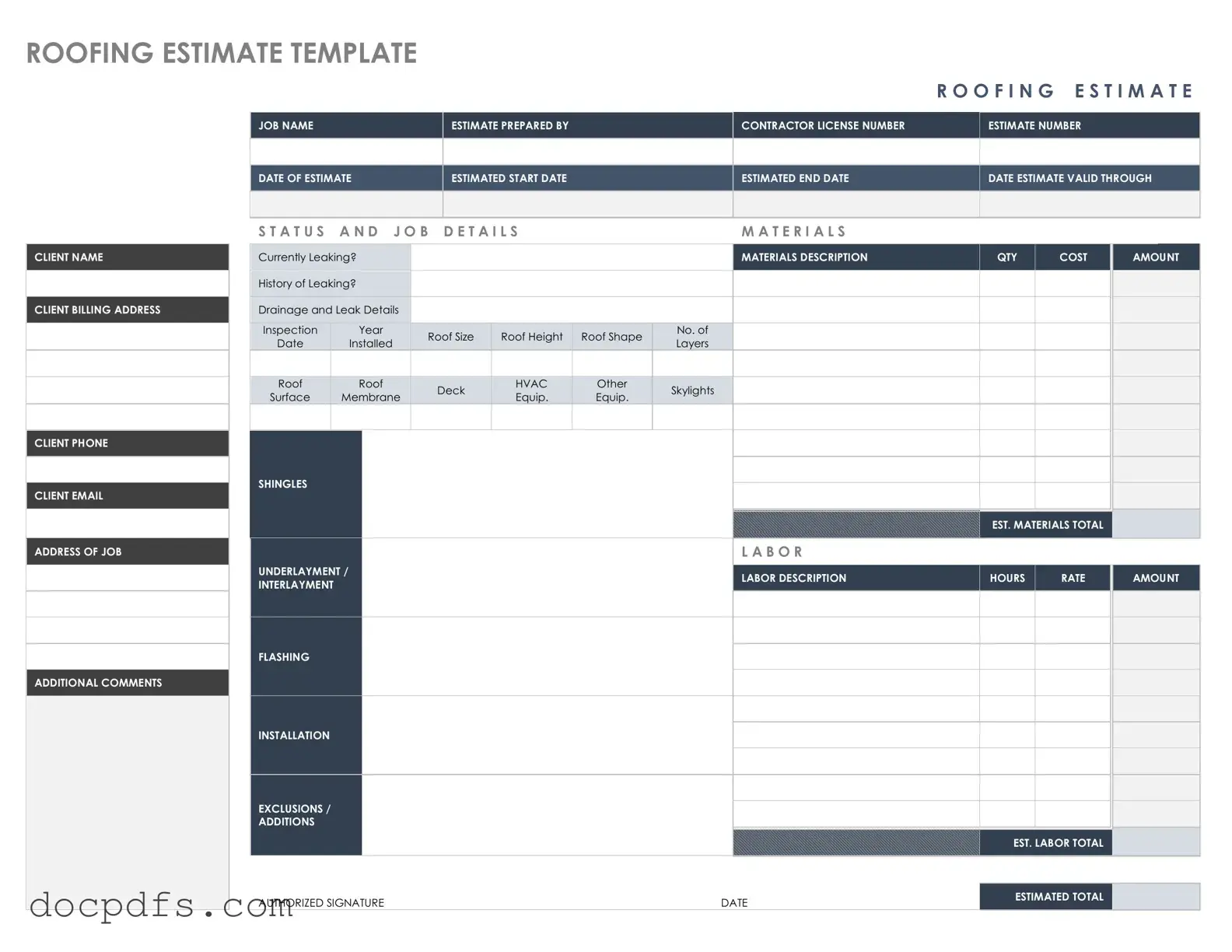Roofing Estimate Template in PDF