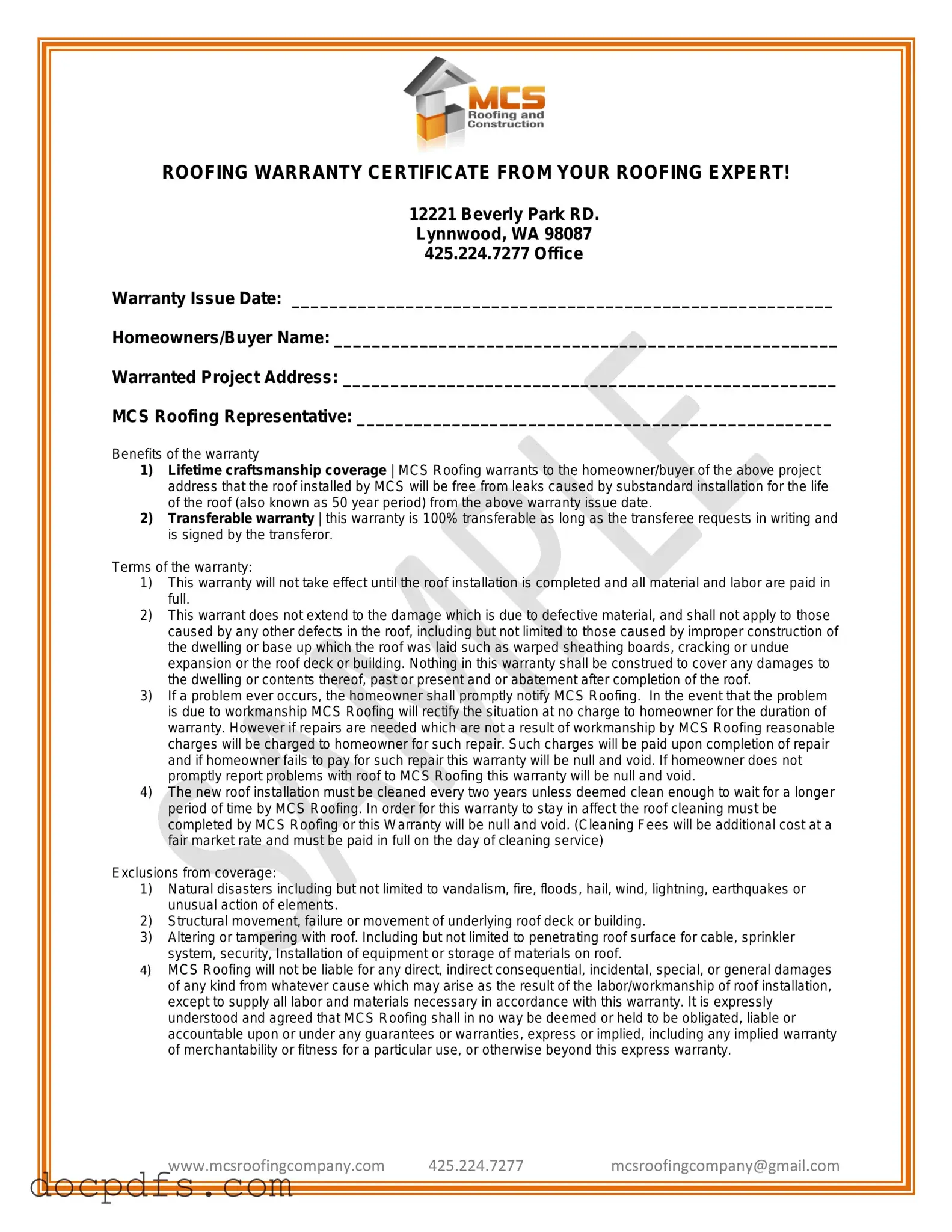 Roofing Warranty Certificate Template in PDF