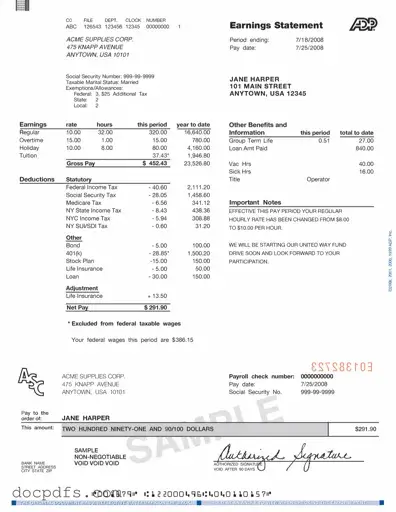 Adp Pay Stub Template in PDF