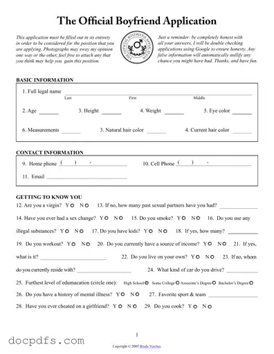Boyfriend application form Template in PDF