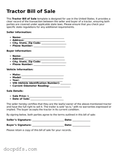 Legal Tractor Bill of Sale Document