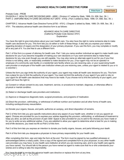 California Advanced Health Care Directive Template in PDF