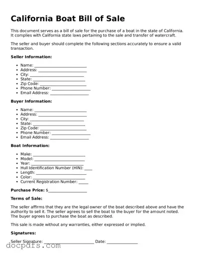 Free California Boat Bill of Sale Form
