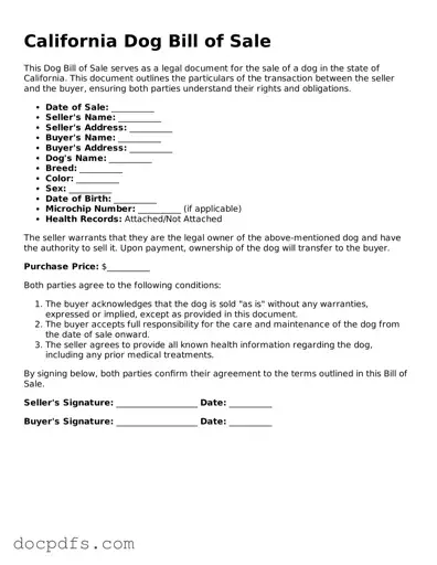 Free California Dog Bill of Sale Form
