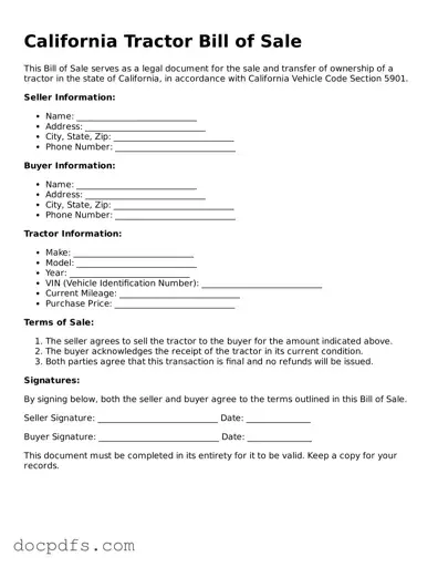 Free California Tractor Bill of Sale Form