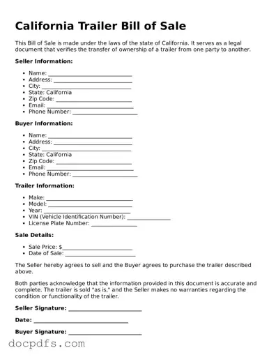 Free California Trailer Bill of Sale Form