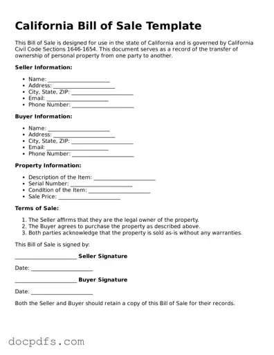 Free California Bill of Sale Form