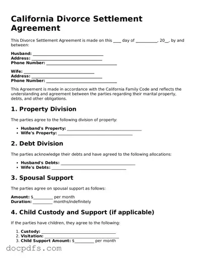 Free California Divorce Settlement Agreement Form