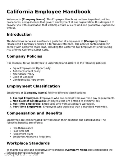Free California Employee Handbook Form