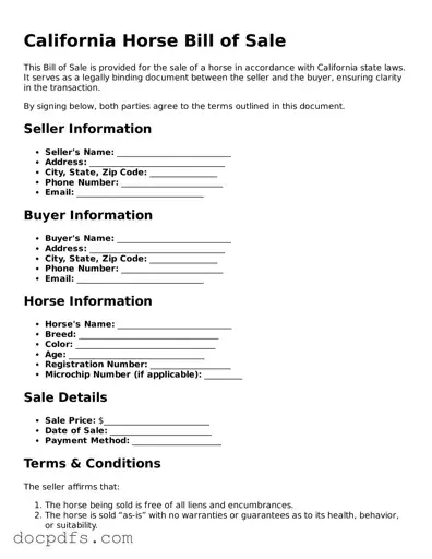 Free California Horse Bill of Sale Form