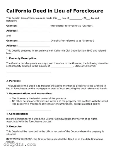 Free California Deed in Lieu of Foreclosure Form