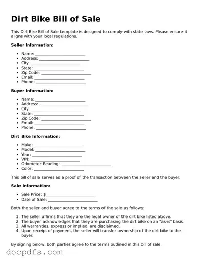Legal Dirt Bike Bill of Sale Document
