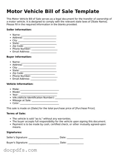 Legal Motor Vehicle Bill of Sale Document