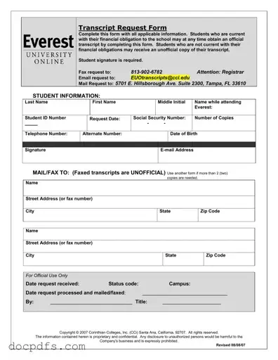 Everest University Transcript Template in PDF