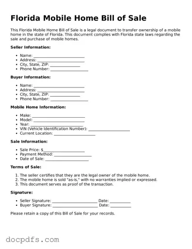 Free Florida Mobile Home Bill of Sale Form