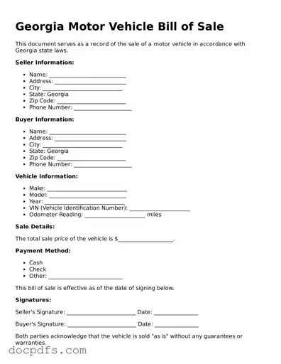 Free Georgia Motor Vehicle Bill of Sale Form