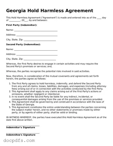 Free Georgia Hold Harmless Agreement Form