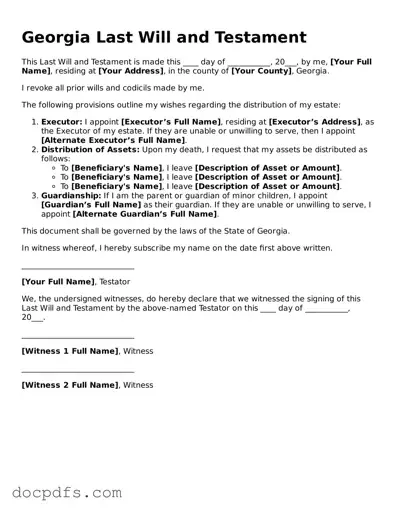 Free Georgia Last Will and Testament Form