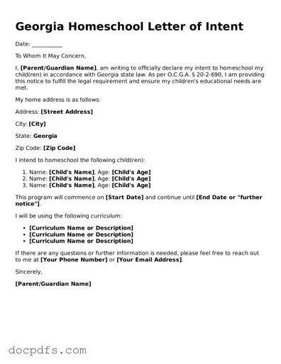 Free Georgia Homeschool Letter of Intent Form