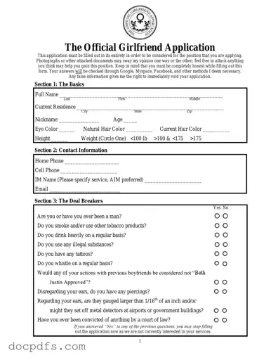 Girlfriend Application Template in PDF