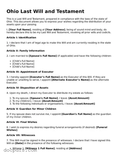 Free Ohio Last Will and Testament Form