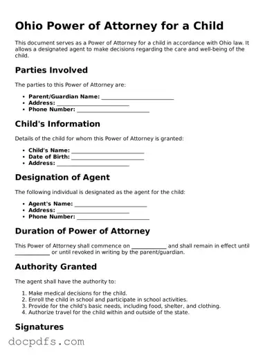 Free Ohio Power of Attorney for a Child Form