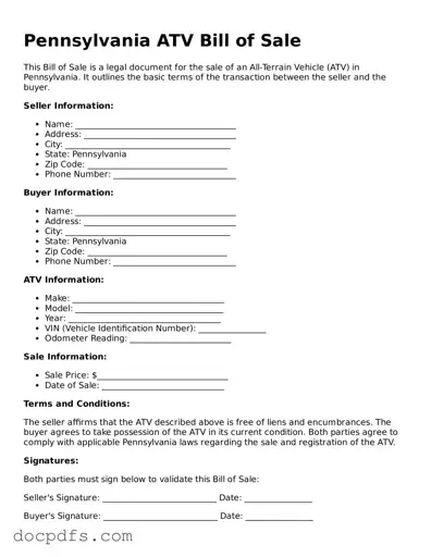 Free Pennsylvania ATV Bill of Sale Form