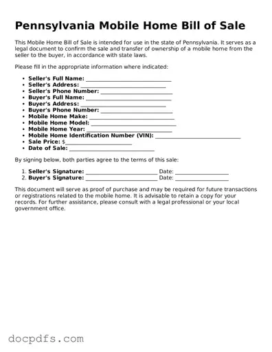 Free Pennsylvania Mobile Home Bill of Sale Form